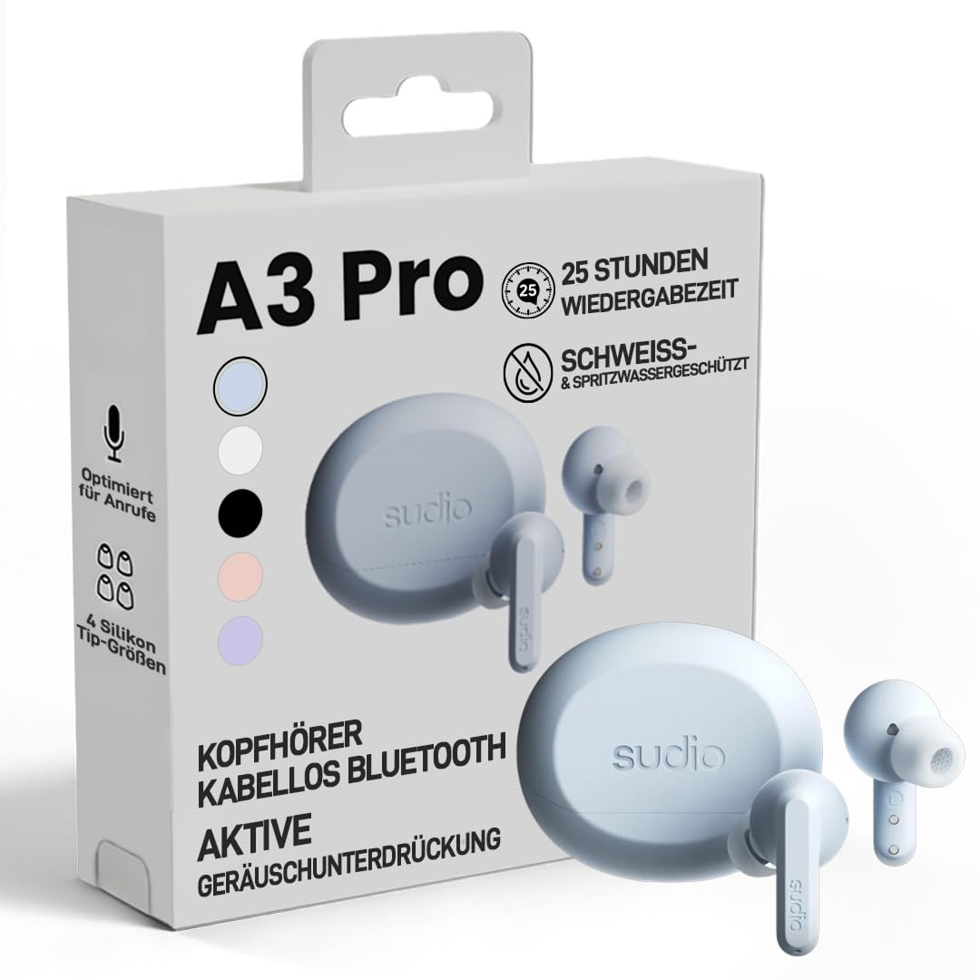 sudio A3 Pro True Wireless Kopfhörer Kabellos Bluetooth | Noise Cancelling In Ear Kopfhörer Bluetooth 5.4 | Aktive Geräuschunterdrückung | 25h Spielzeit | USB-C Ladecase | Blau