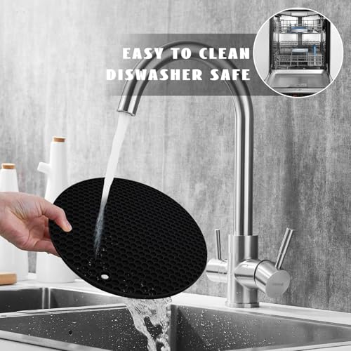 Image of 4 Pack Silicone Trivet Mats, 9 Inch Flexible Heat Resistant Silicone Hot Pads Pot Holders for Kitchen Counter, Round Trivets for Hot Dishes - Potholders Jar Opener(Black)