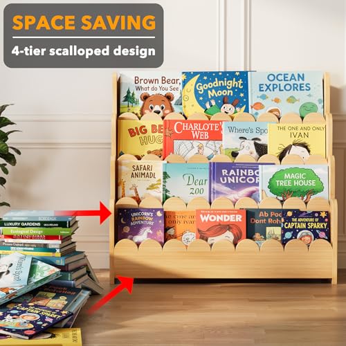 Image of SpaceAid 4-Tier Scalloped Bookshelf, Montessori Bookcase for Toddlers, Wooden Book Shelf Organizer Display Furniture for Kids Rooms, Playroom, Nursery and Classroom, 29.6 inch Wide, Natural