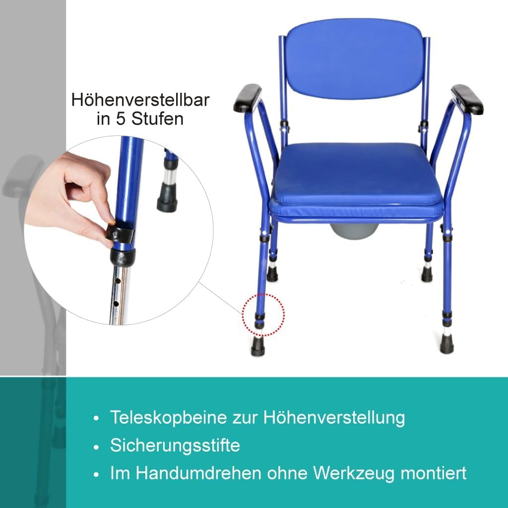 Akriva Toilettenstuhl mit Eimer, höhenverstellbarem Sitz und Rückenlehne，rutschfeste Füße, extra gepolsterter Sitz, WC Stuhl für Senioren & Pflege, Blau