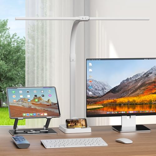 Image of LED Desk Lamp with Base - Bright Dimmable Computer Lamp with Phone Holder, 24W Bendable Desk Light for Monitor Screen, Eye-Caring Tall Desktop Light for Task Home Office Work, White, Dual Head
