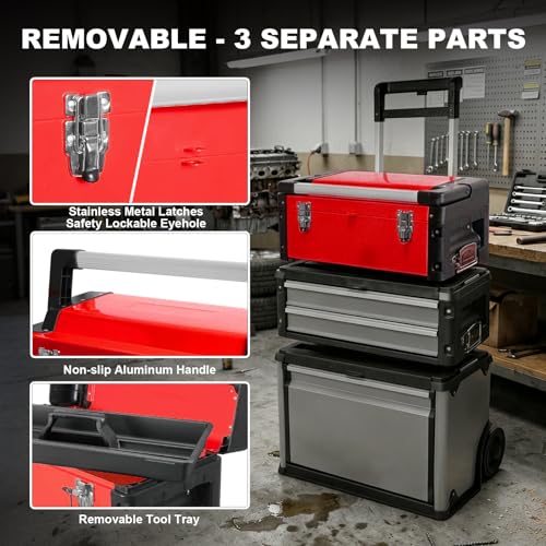 Image of Stackable Rolling Tool Box Portable Metal Toolbox Organizer with Wheels and 2 Drawers Separate Rolling Upright Trolley Tool Chest for Garage or Workshop, Red
