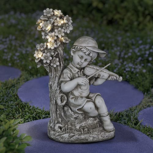 Exhart Garden Sculpture, Solar Boy Garden Statue With Violin, Led Tree, Outdoor Garden Decoration With Resin Stone Finish, 13 X 19 Inch #TOP22