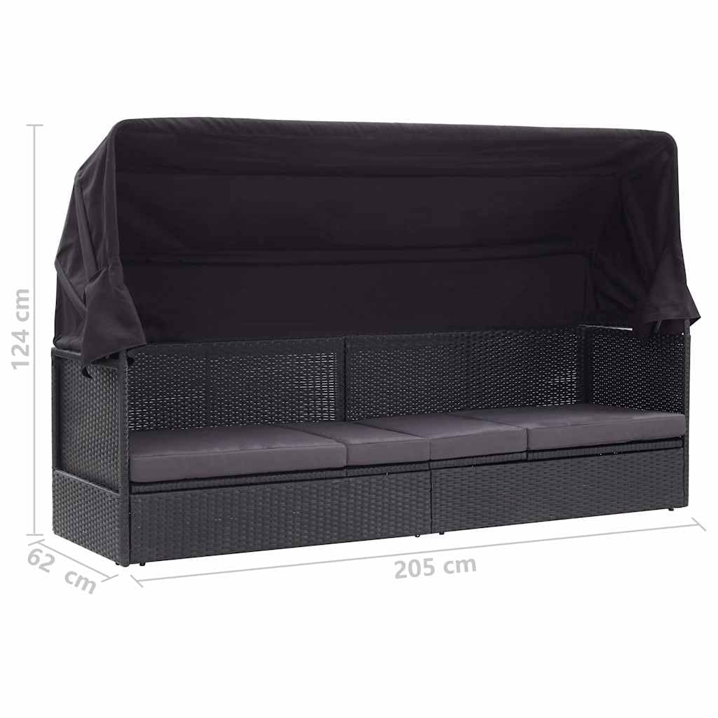 Divano letto da esterno con tettuccio in rattan sintetico resistente, nero, resistente alle intemperie, con tettuccio parasole girevole, 205 x 62 x 124 cm, cuscino morbido per prendere il