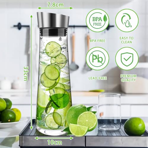 POWZOO Glas-Karaffe,Wasserkaraffe Glass (1.5 L),mit Deckel Edelstahl – Ansicht 2