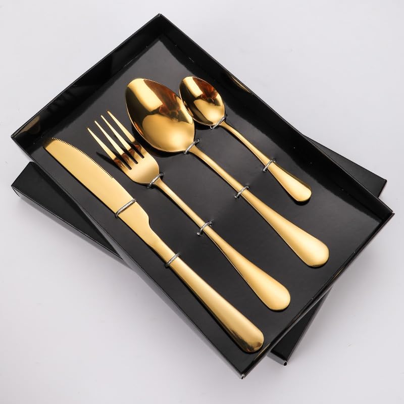 Silverware Flatware Set, 4/16/24/32 Pieces Stainless Steel Table Knives, Forks And Spoons Steak Knives, Forks And Spoons Gift Tableware Set(Gold,4Set-16Pcs)