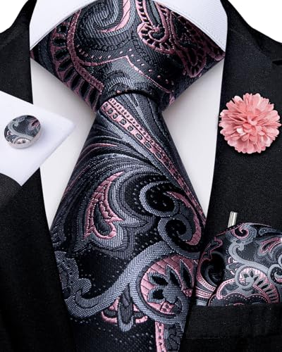 Image of DiBanGu Mens Zipper Tie Silk Pre-Tied Necktie with Gift Box | Jacquard Woven,Paisley Solid Plaid Pattern,6PCS with Pocket Square,Cufflinks and Lapel Pin,for Wedding Party Formal Business