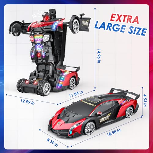 Image of Holyton 1:10 Transforming RC Car, Large Gesture-Sensing Remote Control Car with One-Button Transformation, LED Lights, Fog Spray, 2 Rechargeable Batteries for 80-Min Playtime, Gift for Kids Ages 5-12