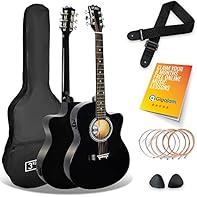 full size electro-acoustic guitar with a cutaway, ideal to start learning guitar includes bag, strap, steel strings, and picks, everything needed in a starter pack. light gauge steel strings purposely selected to make it easier to play for beginners ...