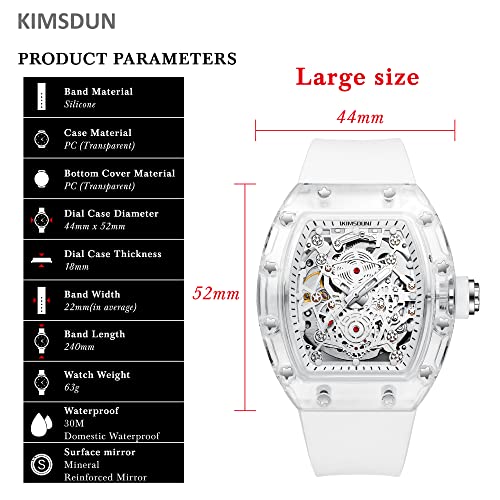 KIMSDUN-Stylish Skeleton Sport Watches, Waterproof, Automatic Mechanical Wristwatch, Transparent Tonneau Case Casual Watch, Silicone Strap for Men Unisex Gift4