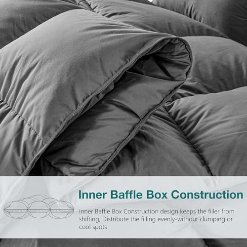 Image of KAKABELL Pinch Pleat Goose Down Feathers Fiber Comforter King Size All Season-Ultra Soft and Cozy Noiseless Duvet Insert with Egyptian Cotton Blend Cover,Fluffy Warm Comforter Insert(Grey,90 inchX106 inch)