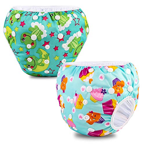 Riutilizzabile Pannolini da nuoto (Confezione da 2), Costume Pannolino Lavabili, Impermeabile Pannolino Piscina (0-3 anni), gelato e rana