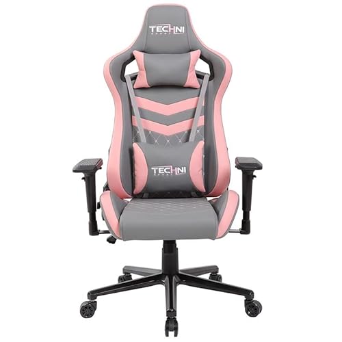 Techni Sport High Back Racing Chair With Foam Seat And Padded Arms, Reclining Gaming Chair With Height And Tilt Adjustment, Grey And Pink #TOP2