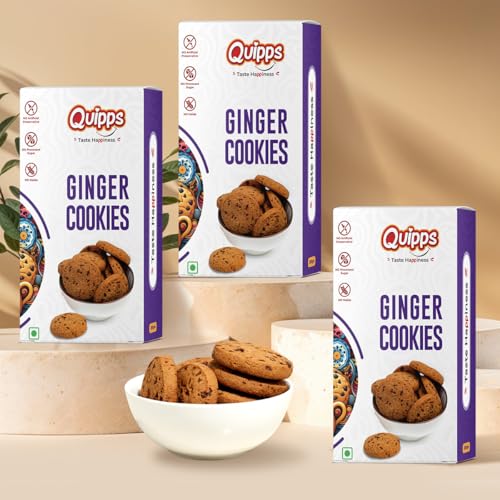 Image of Quipps Premium Ginger Cookies | No Maida, No White Sugar, No Preservatives | Made with Jaggery & White Butter | Healthy Biscuits | Fresh Crunchy Biscuits for Tea-Time Snack, Breakfast & Office Gifting | Vegetarian | Pack of 3 (200g Each)