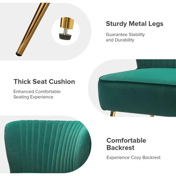 Image of Modern Upholstered Accent Velvet Chair Single Seater Channel Tufted Wing Back Chair with Golden Matel Legs for Living Room, Bedroom, Dining Room, Green
