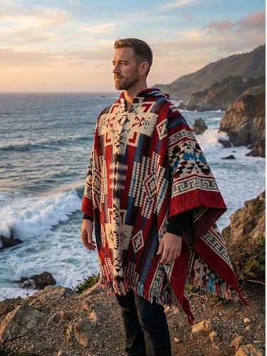 Image of Wool Poncho Adult Ponchos With Hood for men Alpaca Poncho Men Artesanal Ponchos Adult Alpaca Mens Panchos