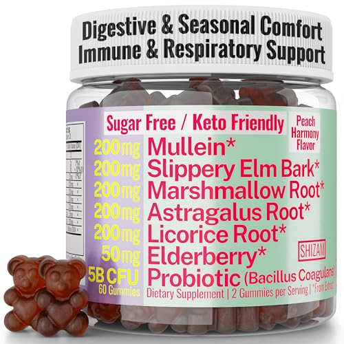 SHIZAM Slippery Elm, Mullein Leaf, Marshmallow Root, Licorice Root, Astragalus Root, Elderberry & Probiotic Bacillus Coagulans Gummies – Sugar-Free, Keto-Friendly, Vegan - Gymnema Sylvestre