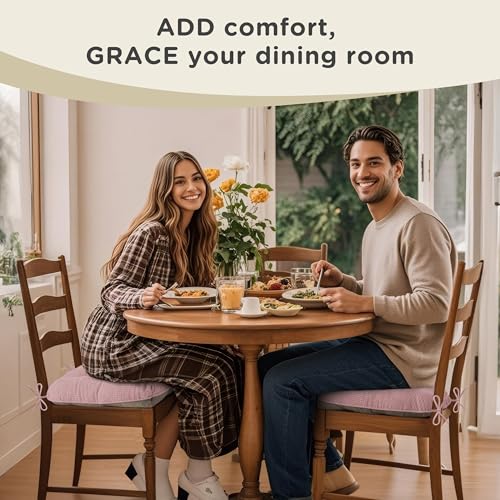 Image of AddGrace Dining Chair Cushions Set of 2 Non-Slip 18 inchx16 inchx3 inch Pink | with Ties, Textured Fabric, for Kithchen, Dining Room, Restaurant, Indoor Furniture, Wood Chairs, Long Meals, Soft, Comfy