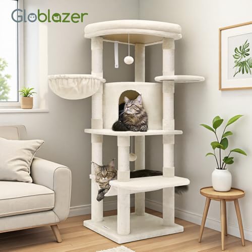 Globlazer Torre de canto para gatos com poste arranhador para gatos internos, torre de felpa de vári