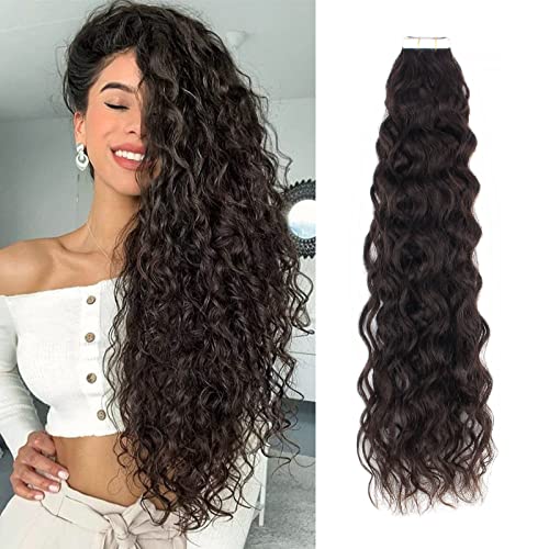 ABH AMAZINGBEAUTY HAIR Semi-permanent 3C Curly Tape in Hair Extensions Human Hair Real Remi Glue in Skin Weft With Double Sided Tape Attached Natural Black 18 Inch 50 Gram 20pcs