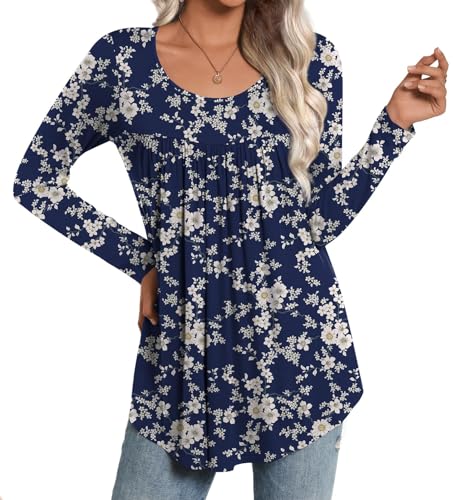 CATHY Womens Long Sleeve Casual Tunic Tops Fall Fashion 2026 Loose Fit Dressy to Wear with Leggings Winter Elastic Shirts, XXL, Floret White — view 2