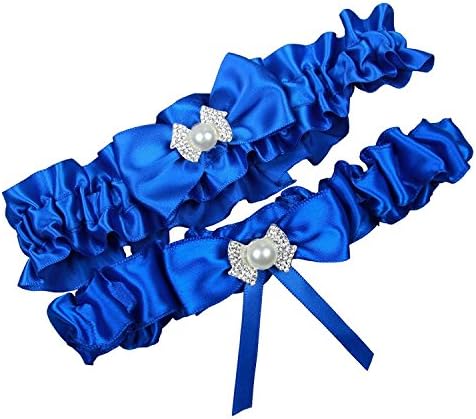 MerryJuly Satin Ribbon Wedding Bridal Garter Belt Set Prom Bridal Garters For Bride Plus Size (Royal Blue-Bow Pearl Rhinestone)