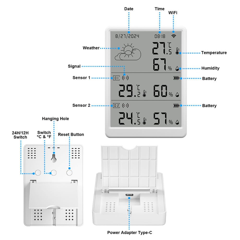 Monitor WiFi Smart Temperation and Umidità, Sensore in Tempo Reale con Controllo delle App, Casa, Serra e Garage per Casa