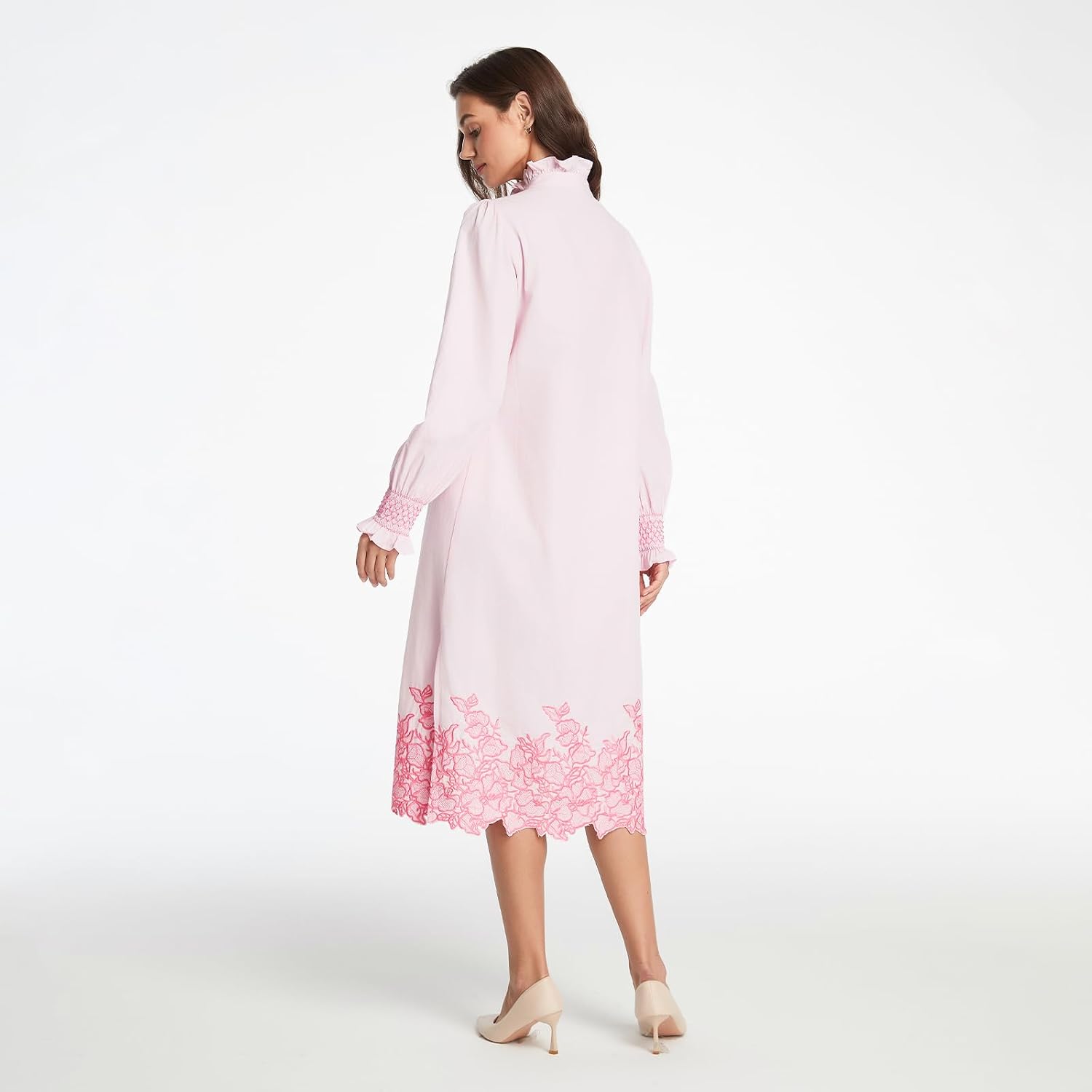 D-Sun Womens Button Down Shirt Dress Long Sleeve Casual Flower Embroidery Slit Midi Dresses