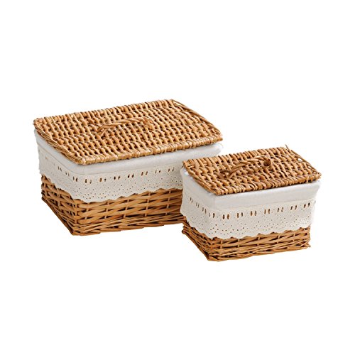 Premier Housewares Willow Baskets with Lids Cream Fabric Lining - Natural, Set of 2