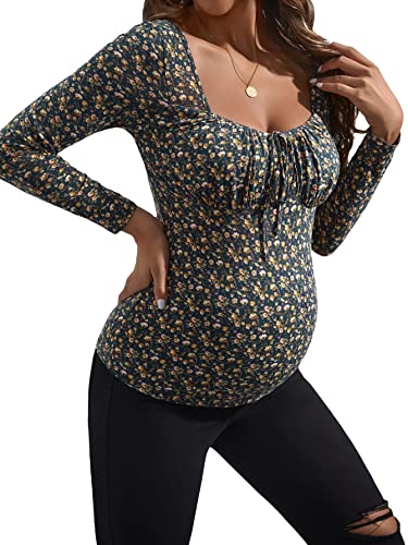 Makemechic Women's Maternity Shirt Floral Long Sleeve Sweetheart Neck Pregnancy Fitted Tee Top Multicolor Xl #TOP21
