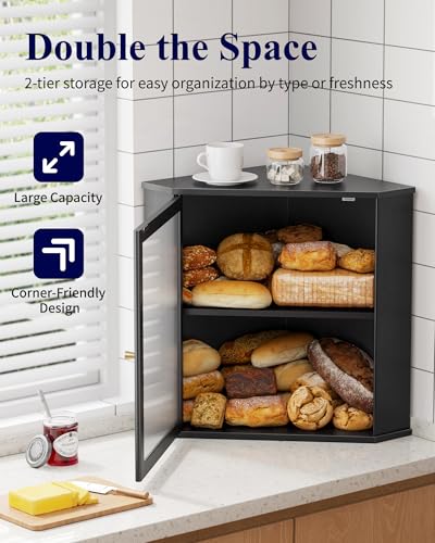 Kitsure-Wooden-Corner-Bread-Box-for-Kitchen-Countertop-Large-Black-2-Tier-Bread-Container-with-Magnetic-Acrylic-Door-Kitchen-Counter-Organizer-for-Snacks-Loaves-Homemade-Bread-Storage
