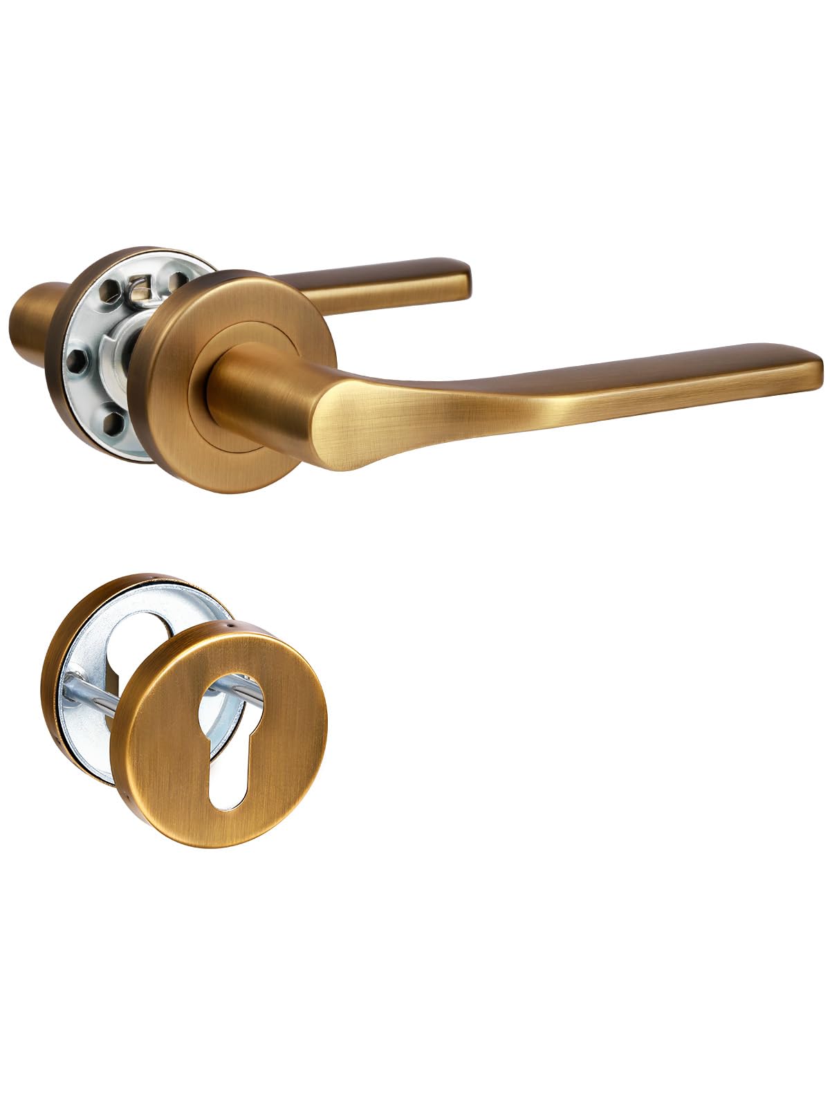 SORWDUERM 2 paia Maniglia per porta Ottone antico, Acciaio inossidabile satinato opaco, Serratura con maniglia per porta d'ingresso e porta interna, Forma a L, Rosetta rotonda, PZ - Cilindro profilo