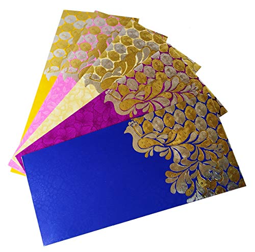 PARTH IMPEX Shagun Gift Envelope for Cash (Pack of 50) 7.5" x 3.5" Peacock Feather Gold Silver Foil Stamping Assorted Color Money Holder Card for Christmas Diwali Birthday Wedding Graduation