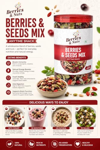 Image of Berries And Nuts Trail Mix | Berries & Seeds Mix | 200 Grams | 1 Bottle of 200 Grams | Cranberries, Blueberries, Gojiberries, Strawberries, Pumpkin, Sunflower, Chia, Watermelon, Flax Seeds
