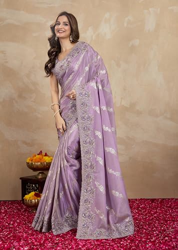 Image of TRENDMALLS Women's Jacquard Silk Embroidery Sequence Work Saree with Unstitched Blouse Piece