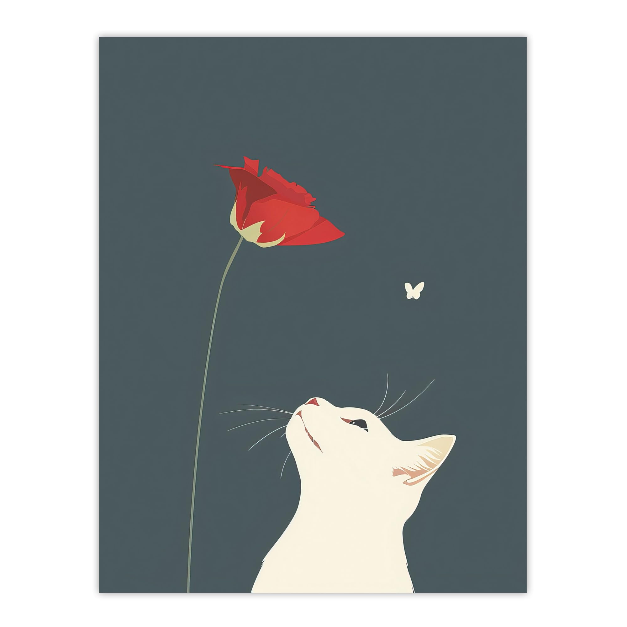 Artery8 White Cat with Rose Butterfly Artwork Simple Cute Living Room Large Wall Art Poster Print Thick Paper 18X24 Inch