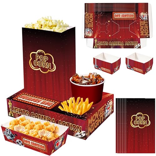 Rzoklot 48PCS Classic Hollywood Movie Night Snack Box Set – 24 Popcorn Boxes + 24 Snack Trays for Family Movie Nights, Home Theater, Outdoor Cinema & Party Events – Red Lights Camera Action Theme