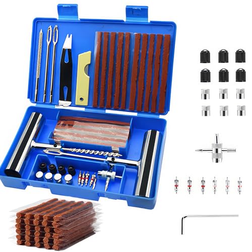 58 Piezas Kit Antipinchazos Neumáticos, Herramienta Reparación Pinchazos Coche, Repara Emergencia Neumáticos Pesados Portátil para Automóviles, Camiones, Motocicletas, Todoterrenos, ATV (Azul)