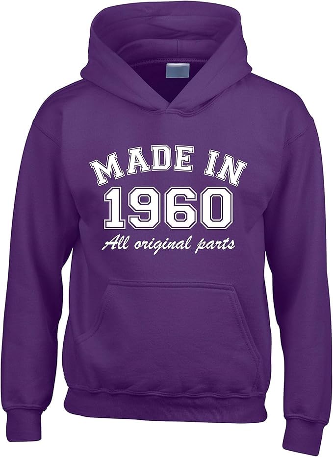 Sweat homme femme Made in 1960 violet pull à capuche humour vintage taille S pour adulte