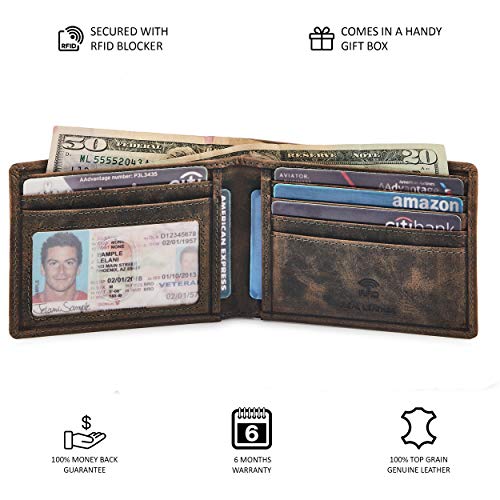 Image of Real Leather Mens Bifold Wallet RFID Blocking Slim Minimalist Front Pocket - Thin & Stylish with ID Window in Gift Box, Crazy Horse Moss, 4 inch x 3.25 inch x 0.75 inch, Minimalist
