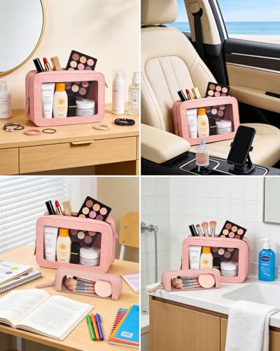 Image of LETGO 2Pack Clear Makeup Bags Set, Small Clear Makeup Bag, PU Leather Travel Makeup Brush Case Portable Transparent Waterproof Cosmetic Pencil Case Organizer Pouch(2Pack-White Set)