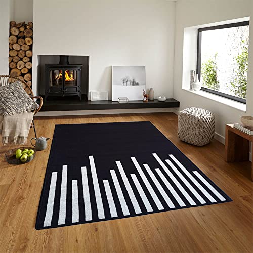Image of Matz&More Geometric Piano Rug | 100x150 CM | Black White | Soft Nylon Loop Pile with Anti-Slip Gel Backing | Living Room, Bedroom & Office Floor Carpet