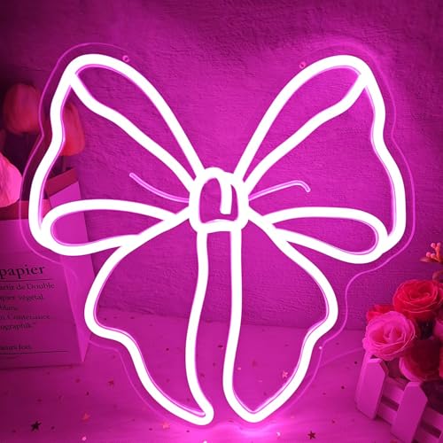 Image of Pink Bow Neon Sign Bows Neon Lights for Bedroom Dimmable Coquette Ribbon Bow Birthday Decorations Pink Wall Art Bow Wall Decor Led Sign Gifts for Girls Party