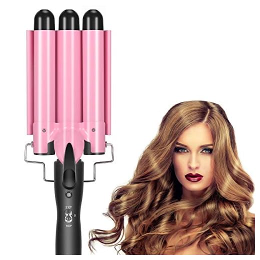 Hair Curling Iron, 1 Inch Ceramic Tourmaline Triple Barrels, Temperature Adjustable Portable 25mm Hair Waver Heats Up Quickly (Pink)
