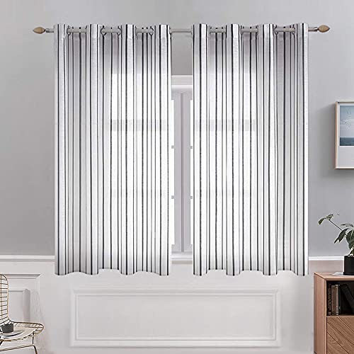 Miulee Bedroom White Sheer Curtains Striped Linen Textured Window Treatment Drapes Grommet Top For Living Room, W52 X L63 Black Stripe 2 Panels #TOP1
