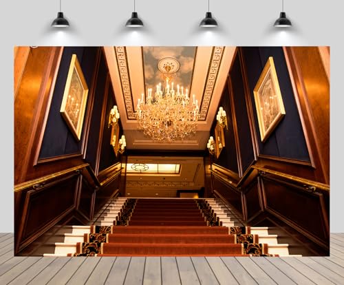 CHNYWORK 20ftx10ft Hotel Hall Backdrop Hotel Lobby Crystal Chandelier Staircase Background Vintage Wedding Bridal Shower Anniversary Party Decor Photo Shoot Props