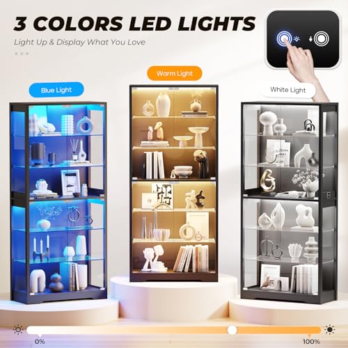 Brottar 6 Tier Display Cabinet With Glass Door, 71" Display Case With 3 Color Lights, Bookcase Storage Cabinets With Adjustable Glass Shelves, Curio Cabinet With Human Body Sensor, Black - 5