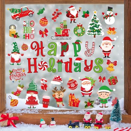 Whaline 9 Sheets Christmas Window Cling Stickers Xmas Santa Reindeer Cartoon Reusable Window Decals for Holiday Party Home Office Classroom Decoration