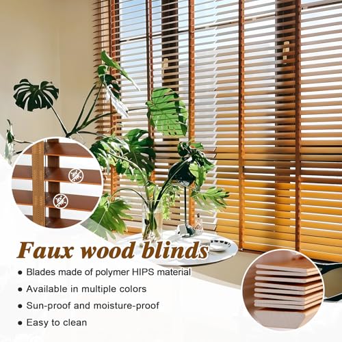 Faux Wood Blinds 2 Inch Cordless, Room Darkening Mini Venetian Horizontal Blinds & Shades for Indoor Windows, Office, Living Room, Bedroom, Multiple Colors