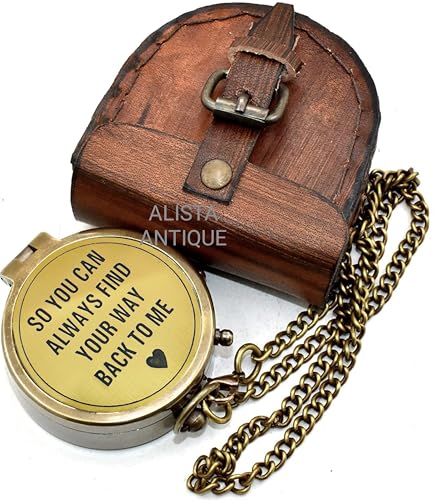 Brújula antigua grabada de latón con estuche de cuero - regalo personalizado para aniversario o cumpleaños miniatura 4